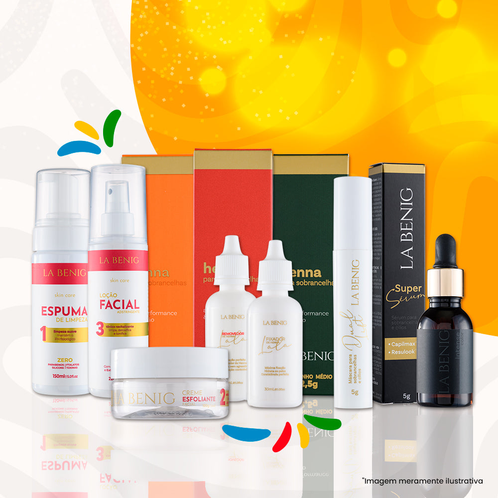 Kit Completo: Skin Care + 3 Hennas 2,5g + Máscara + Super Sérum + Fixador + Removedor + Intense